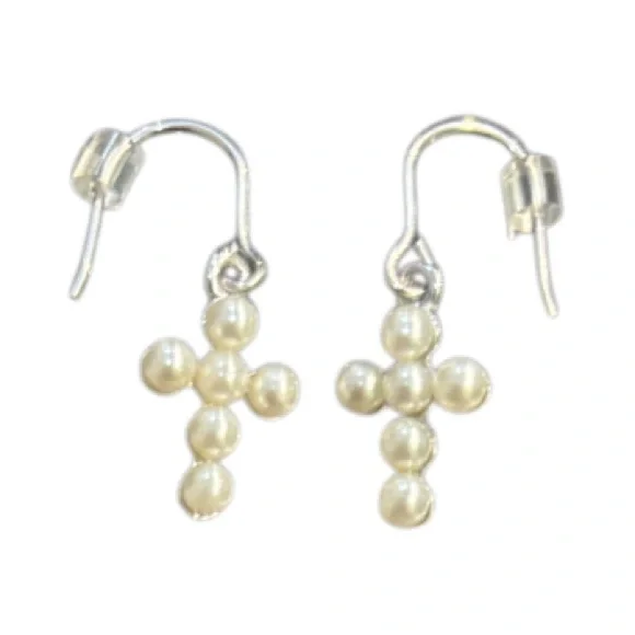 Cross Earrings Freshwater Pearl Sterling Silver Jewelry Dangle Wire Ivory White